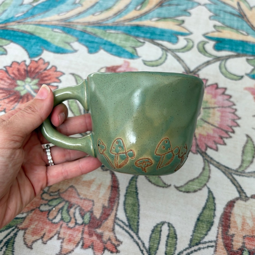 Urban Outfitters UO Home Green Mushroom Mug with 3D Peekaboo Flower Surprise